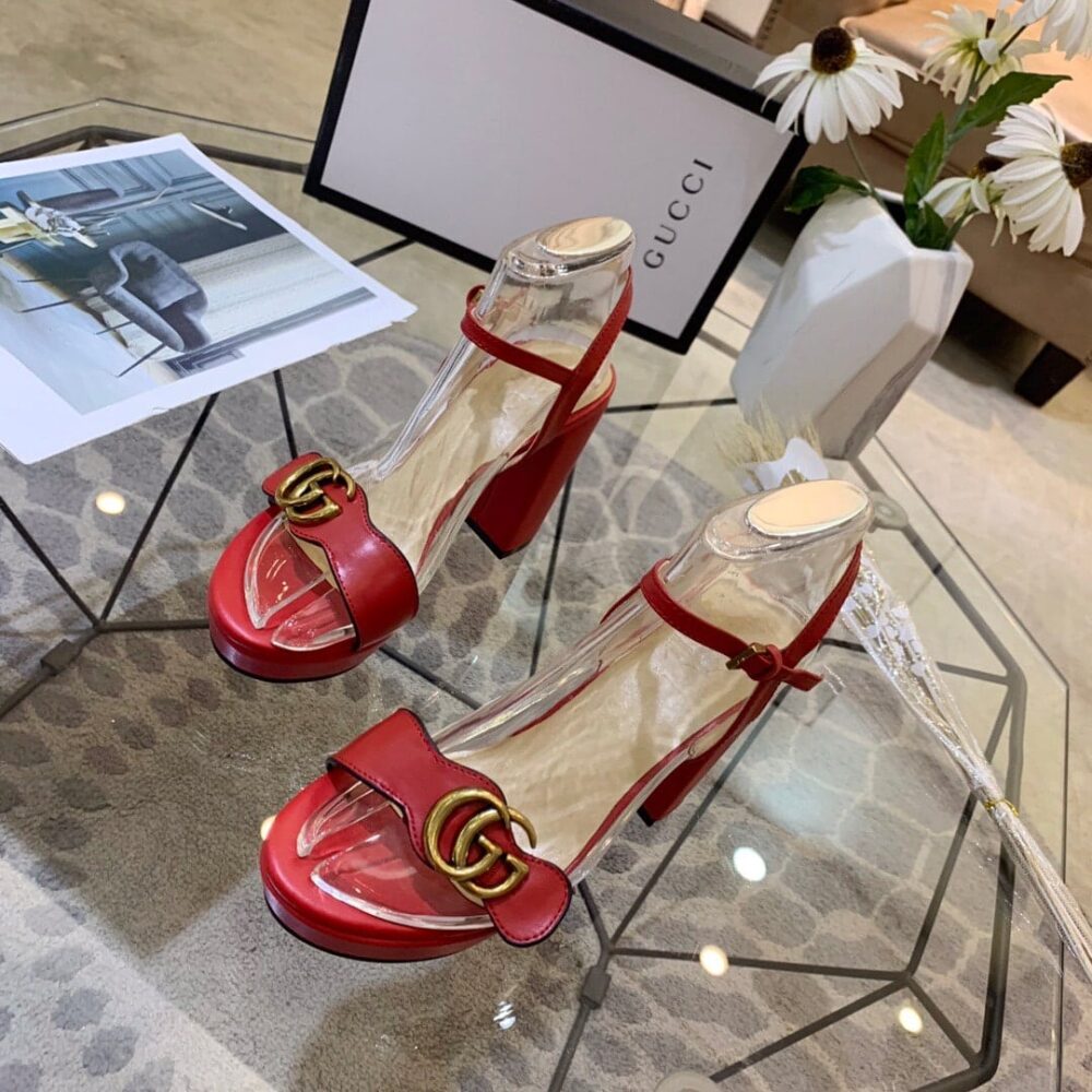 GUCCI GG LEATHER HEELED SANDAL RED - Image 3
