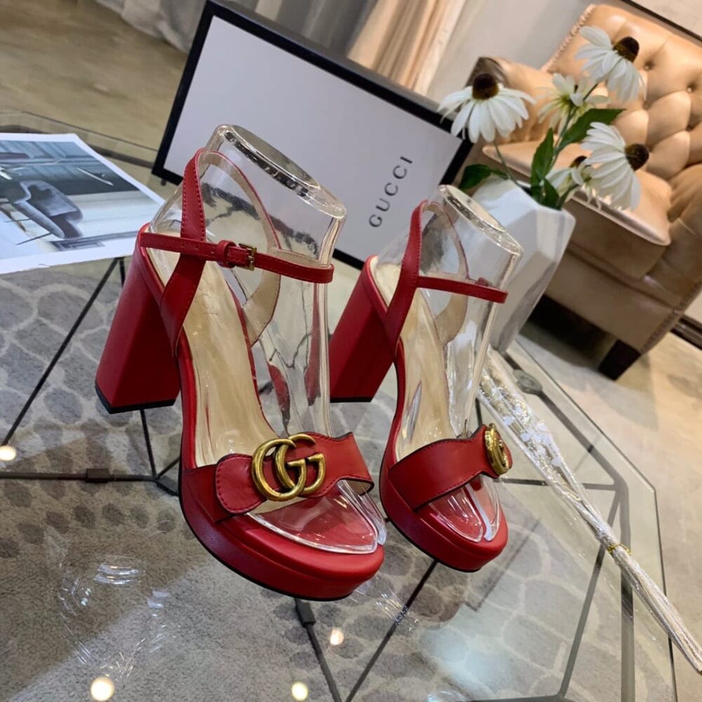 GUCCI GG LEATHER HEELED SANDAL RED - Image 2