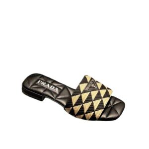 PRADA EMBROIDERED FABRIC SLIDES BLACK BEIGE