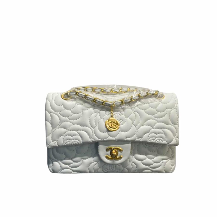 CHANEL FLAP BAG WITH CAMELLIA FLOWER CHAIN WHITE 26CM