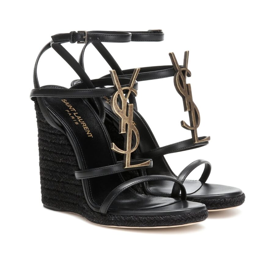 SAINT LAURENT CASSANDRA 115 LEATHER AND RAFFIA WEDGE BLACK SANDALS