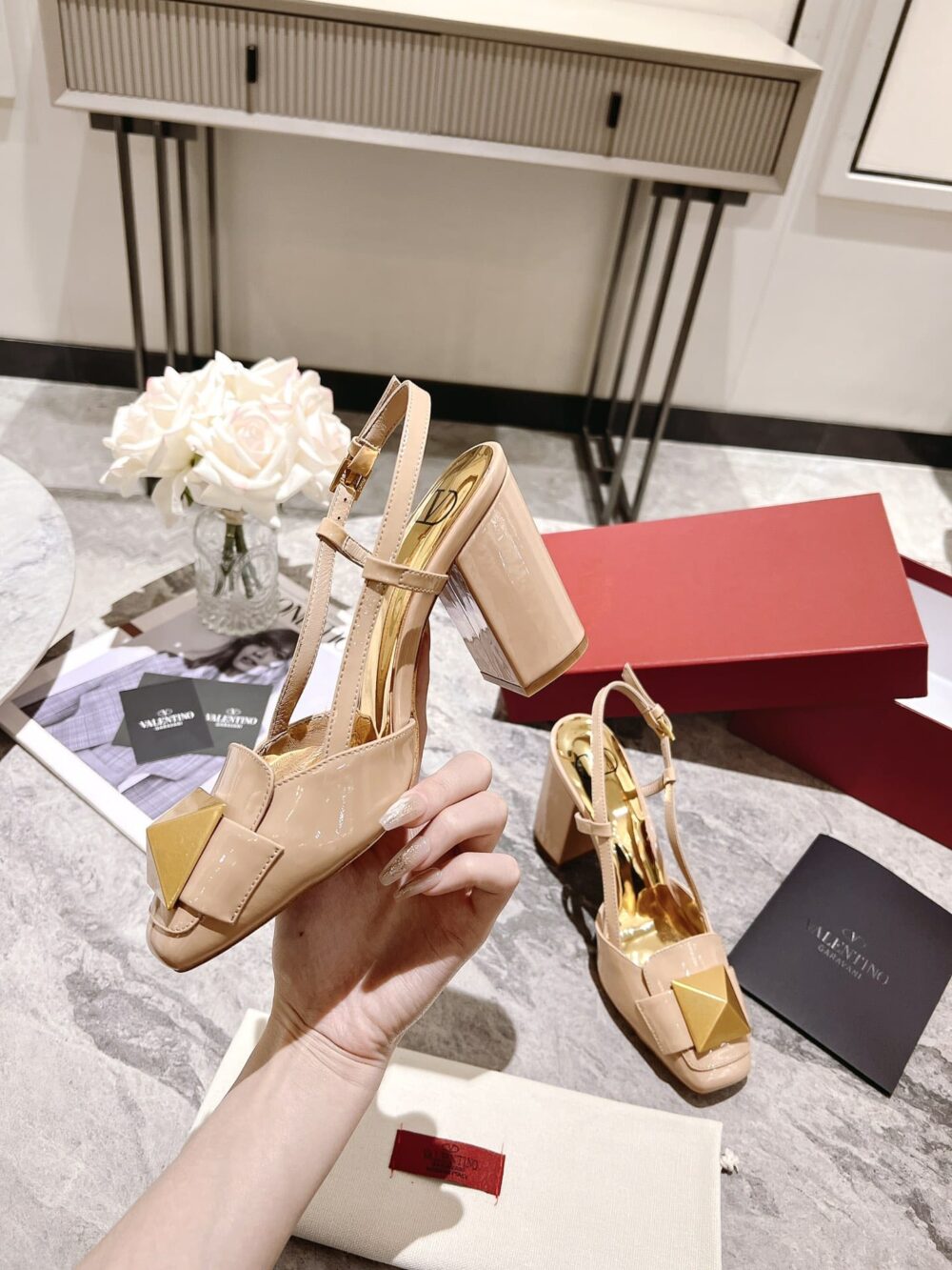 VALENTINO GARAVANI ONE STUD PATENT LEATHER SLINGBACK PUMP ROSE CANNELLE - Image 5