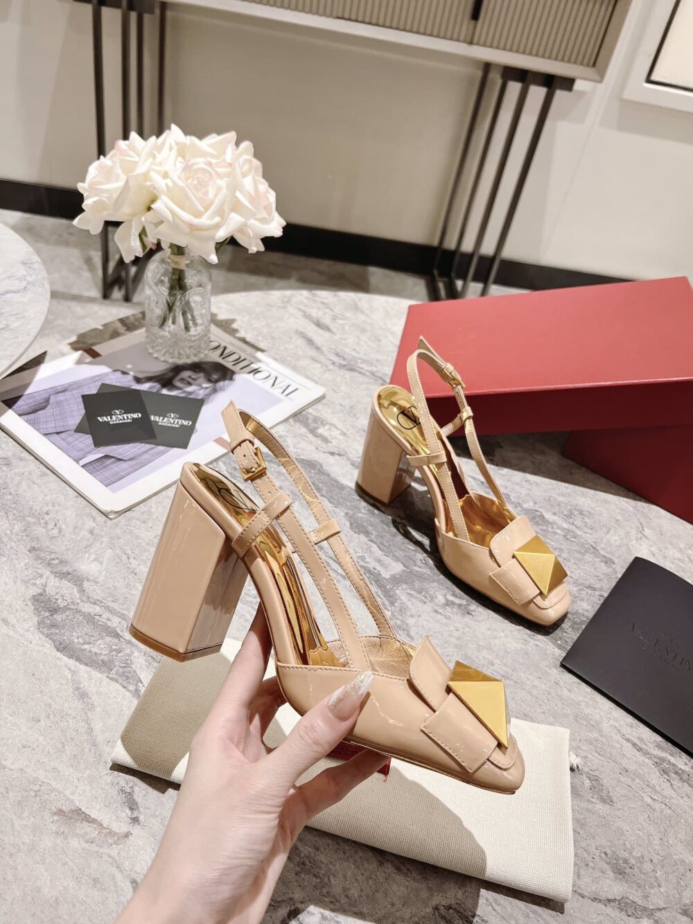 VALENTINO GARAVANI ONE STUD PATENT LEATHER SLINGBACK PUMP ROSE CANNELLE - Image 7