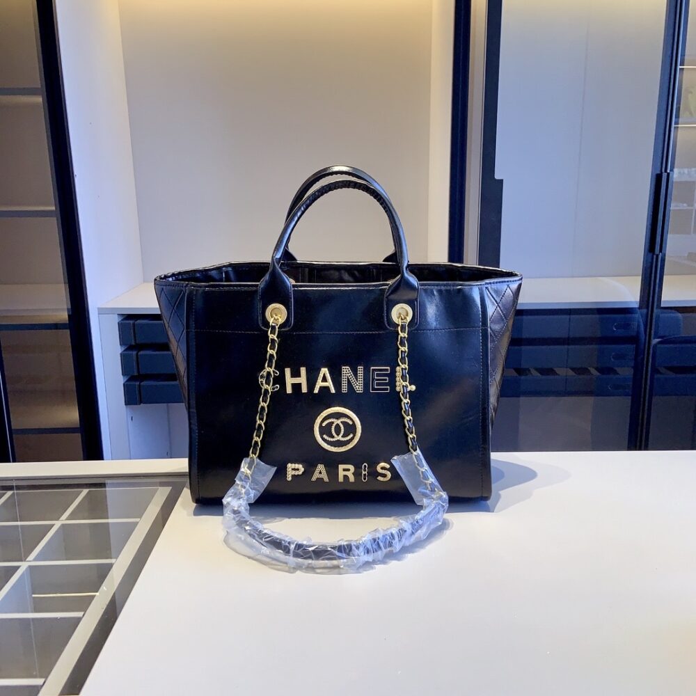 CHANEL DEAUVILLE LARGE SHOPPING BAG LEATHER BLACK 38CM - Image 2