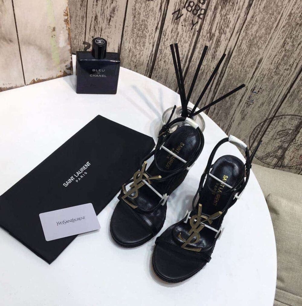 SAINT LAURENT CASSANDRA 115 LEATHER AND RAFFIA WEDGE BLACK SANDALS - Image 2