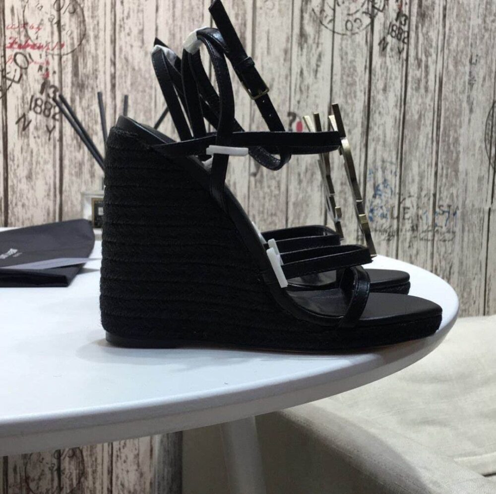 SAINT LAURENT CASSANDRA 115 LEATHER AND RAFFIA WEDGE BLACK SANDALS - Image 3
