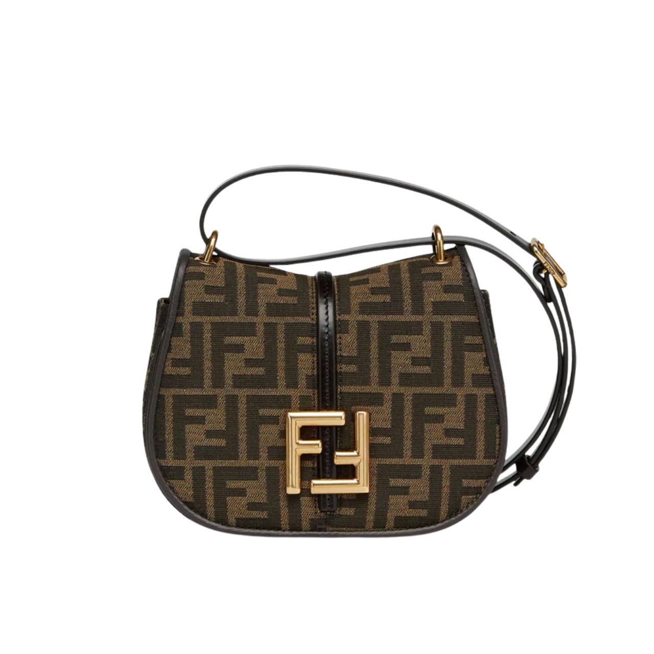 FENDI C'MON SMALL BROWN FF JACQUARD FABRIC BAG 20CM 8BS082AQ08F1MJE