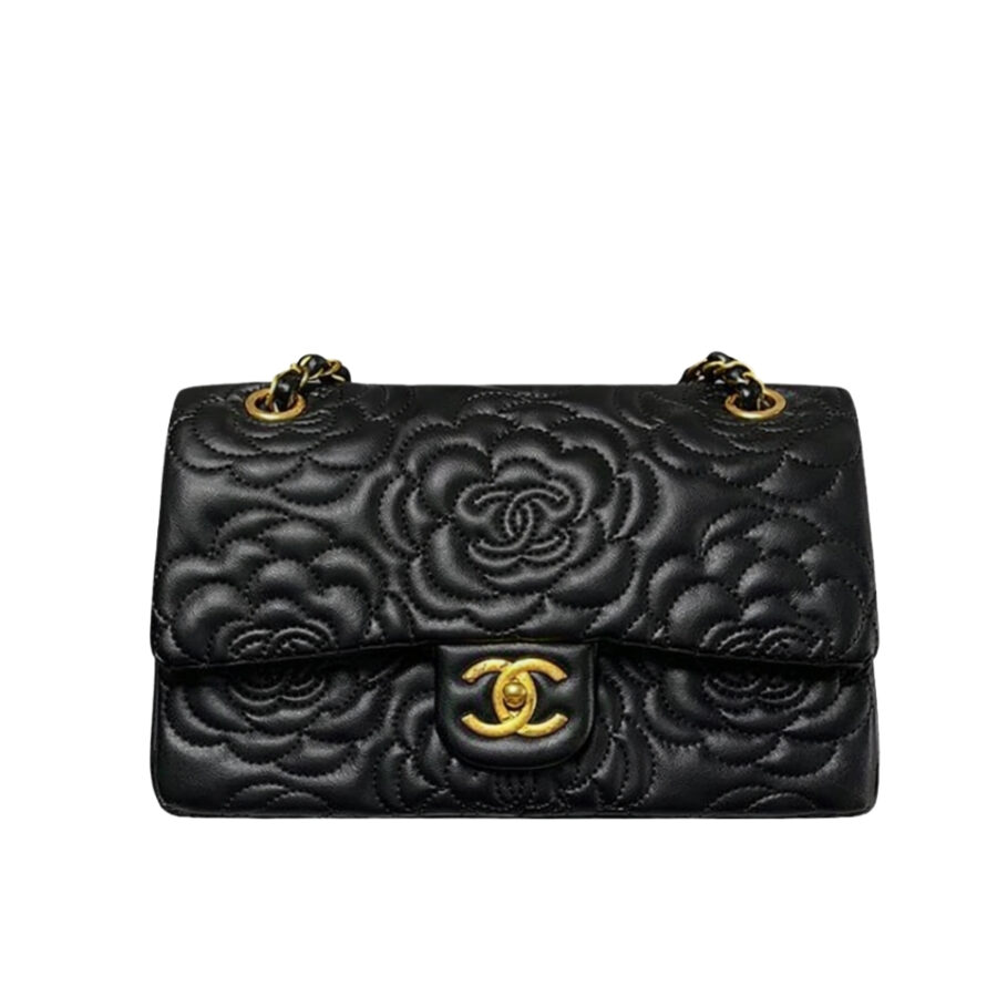 Chanel Flap Bag With Camellia Flower Chain Black 26Cm