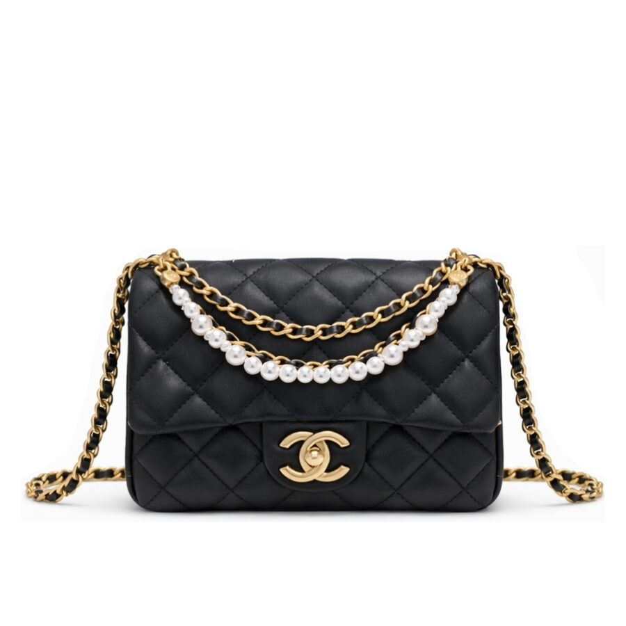 Chanel Mini Flap Bag Shiny Imitation Pearls And Gold Tone Metal Black 17Cm