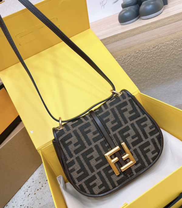 FENDI C'MON SMALL BROWN FF JACQUARD FABRIC BAG 20CM 8BS082AQ08F1MJE - Image 7