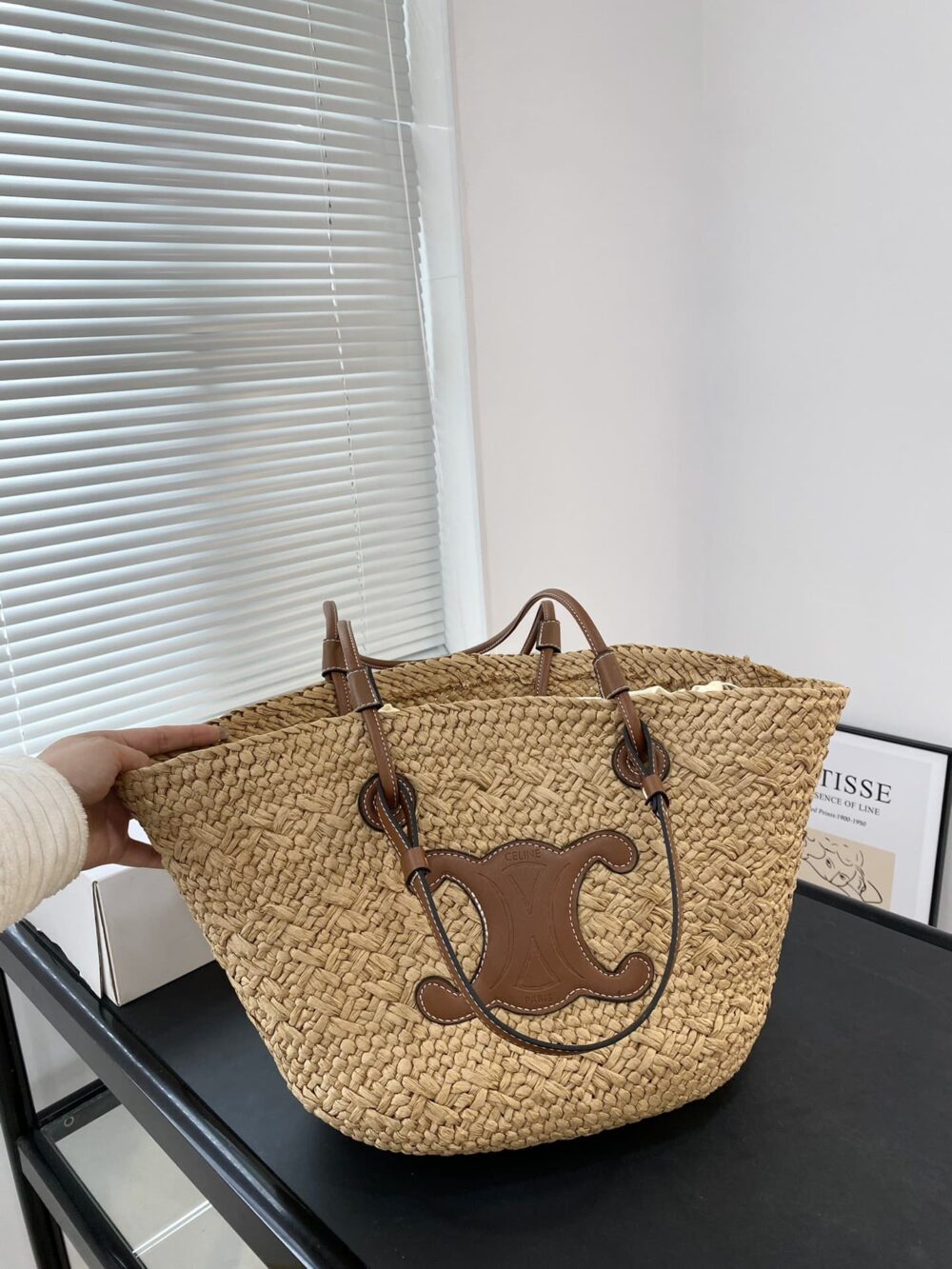CELINE TRIOMPHE PANIER IN RAFFIA AND LEATHER TAN 31CM - Image 3