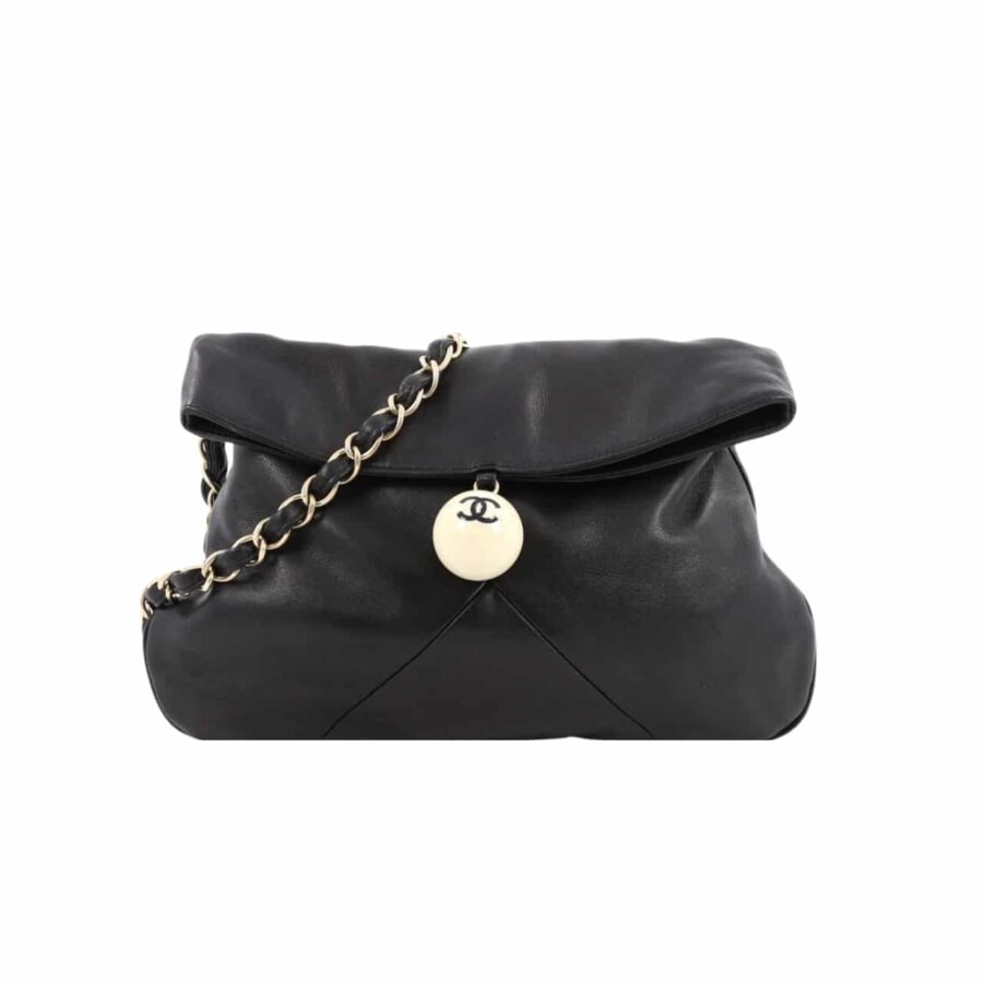 CHANEL LEATHER CUE BALL FOLDOVER BAG BLACK 26CM