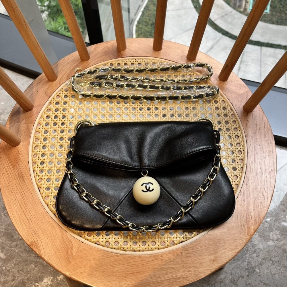 CHANEL LEATHER CUE BALL FOLDOVER BAG BLACK 26CM - Image 9