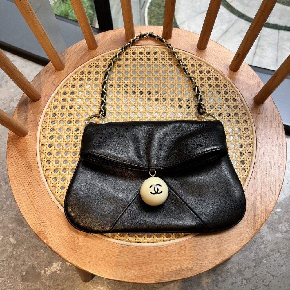 CHANEL LEATHER CUE BALL FOLDOVER BAG BLACK 26CM - Image 10