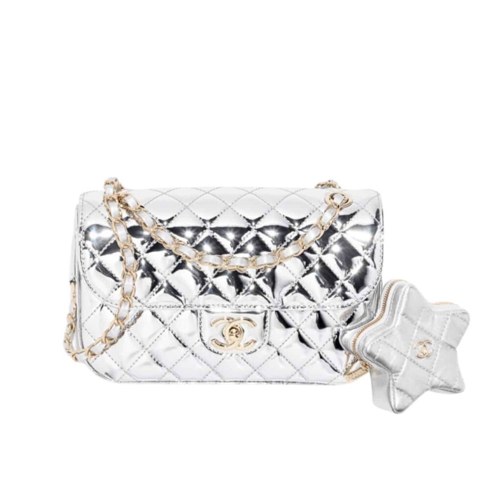 CHANEL MINI FLAP BAG STAR COIN PURSE SILVER 24CM