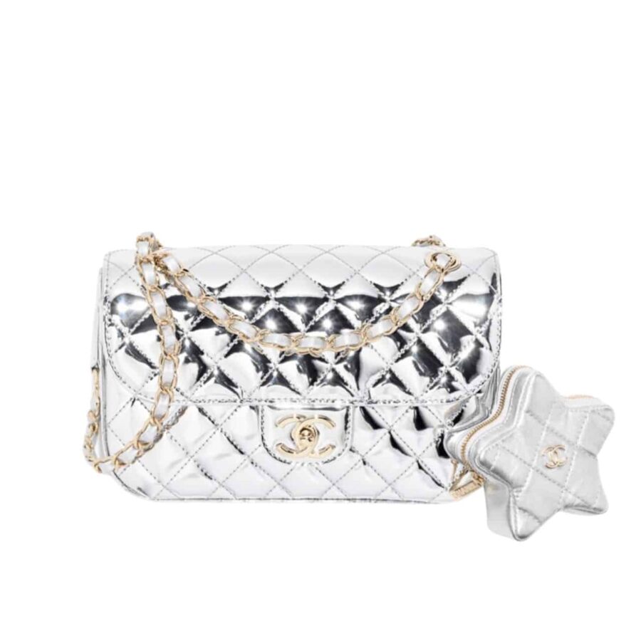 CHANEL MINI FLAP BAG STAR COIN PURSE SILVER 24CM