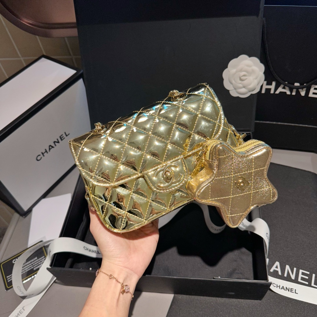 CHANEL MINI FLAP BAG STAR COIN PURSE YELLOW GOLD 20CM AS4646 B14873 NT671 - Image 4