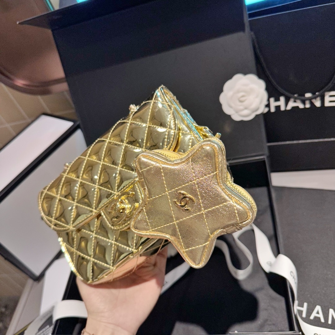 CHANEL MINI FLAP BAG STAR COIN PURSE YELLOW GOLD 20CM AS4646 B14873 NT671 - Image 8