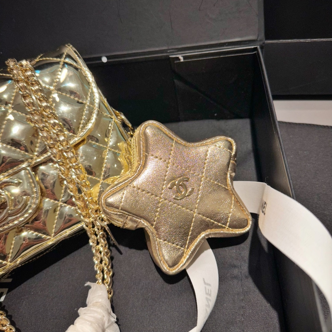 CHANEL MINI FLAP BAG STAR COIN PURSE YELLOW GOLD 20CM AS4646 B14873 NT671 - Image 9