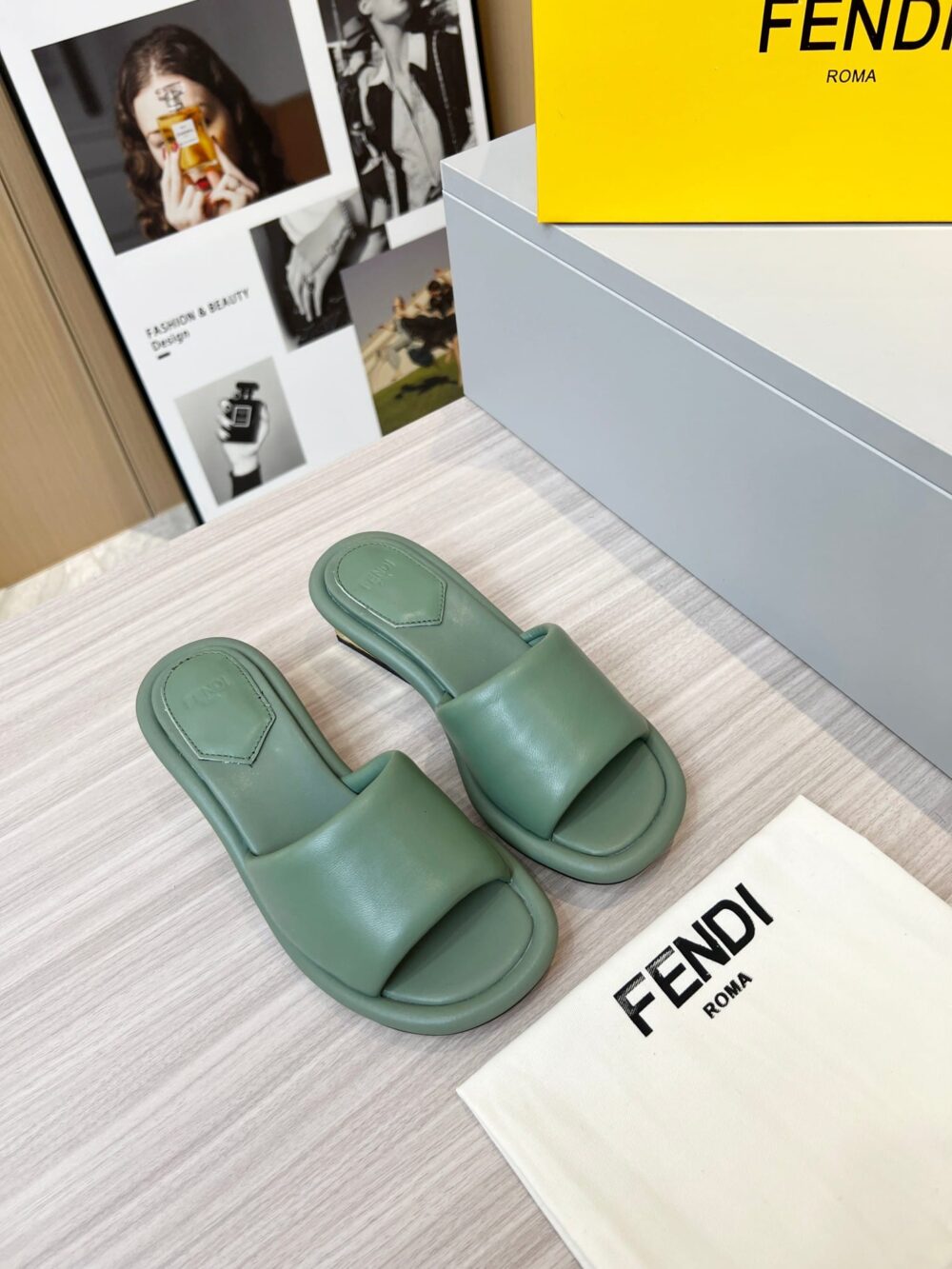 FENDI CUTOUT METAL BLOCK HEEL PADDED LEATHER SANDALS TURQUOISE - Image 2
