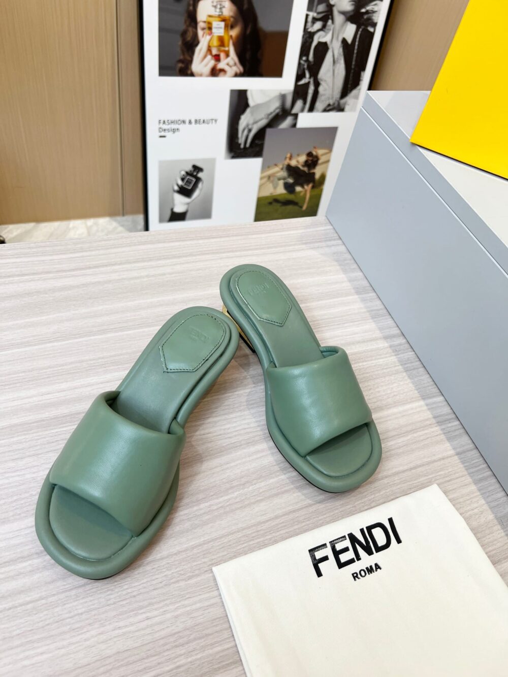 FENDI CUTOUT METAL BLOCK HEEL PADDED LEATHER SANDALS TURQUOISE - Image 3