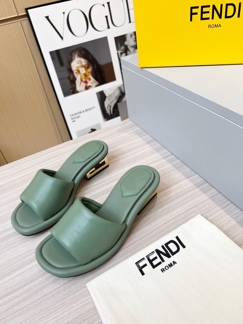 FENDI CUTOUT METAL BLOCK HEEL PADDED LEATHER SANDALS TURQUOISE - Image 4