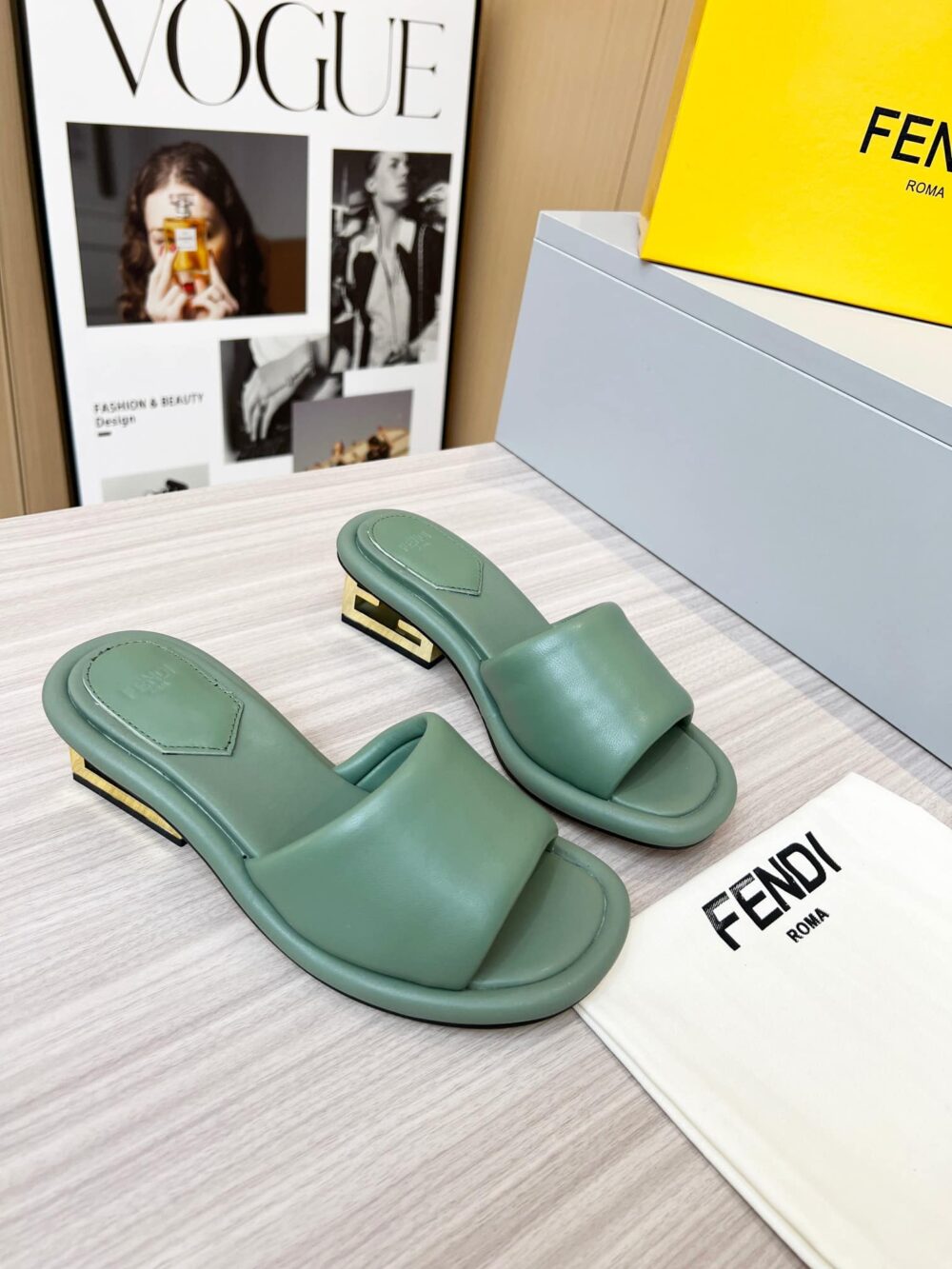 FENDI CUTOUT METAL BLOCK HEEL PADDED LEATHER SANDALS TURQUOISE - Image 5
