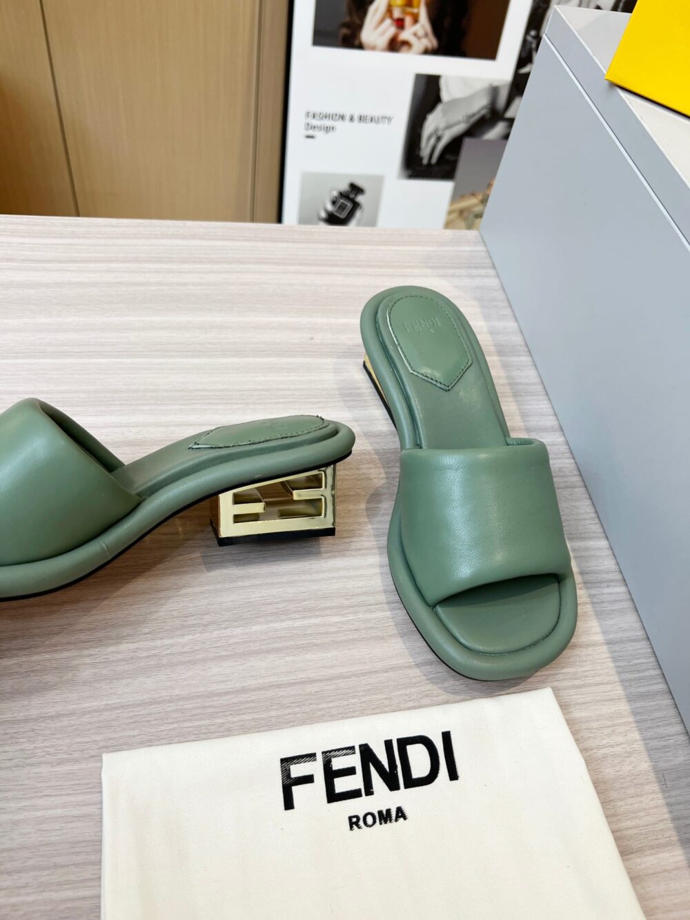 FENDI CUTOUT METAL BLOCK HEEL PADDED LEATHER SANDALS TURQUOISE - Image 6