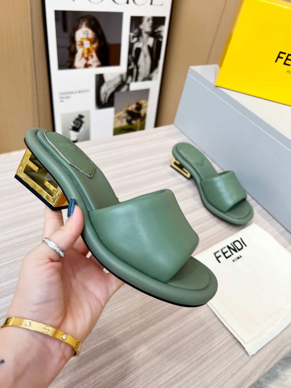FENDI CUTOUT METAL BLOCK HEEL PADDED LEATHER SANDALS TURQUOISE - Image 8