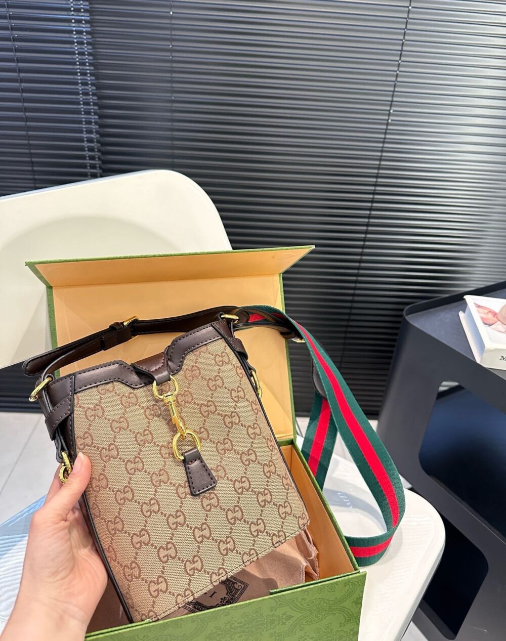 GUCCI ORIGINAL GG SMALL BUCKET BAG BEIGE AND EBONY 19CM 782919 FADAC 9762 - Image 3