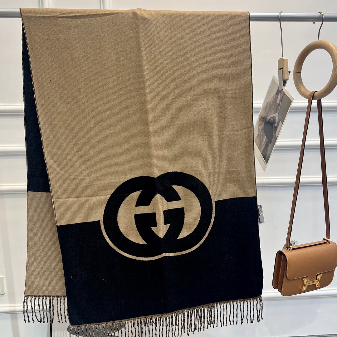 GUCCI WOOL CASHMERE SCARF WITH INTERLOCKING G BROWN 715497 3GB02 4978 - Image 2