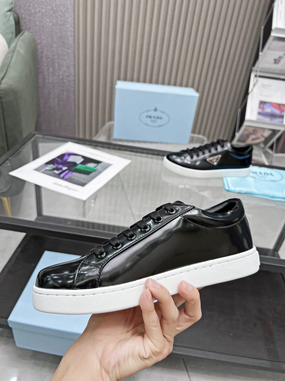 PRADA DOWNTOWN BRUSHED LEATHER SNEAKER IN BLACK 1E904M B4L F0967 F 030 - Image 5