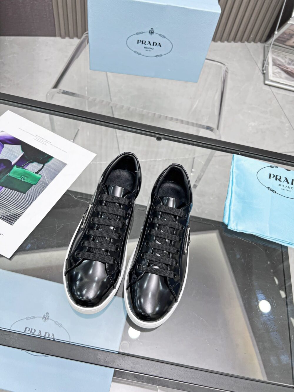 PRADA DOWNTOWN BRUSHED LEATHER SNEAKER IN BLACK 1E904M B4L F0967 F 030 - Image 4
