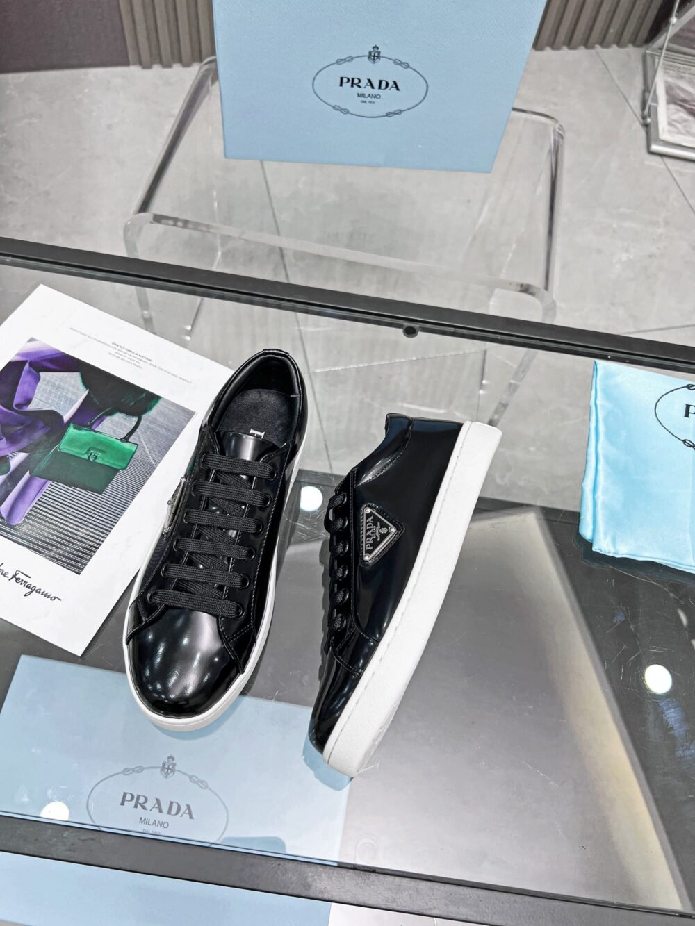 PRADA DOWNTOWN BRUSHED LEATHER SNEAKER IN BLACK 1E904M B4L F0967 F 030 - Image 3