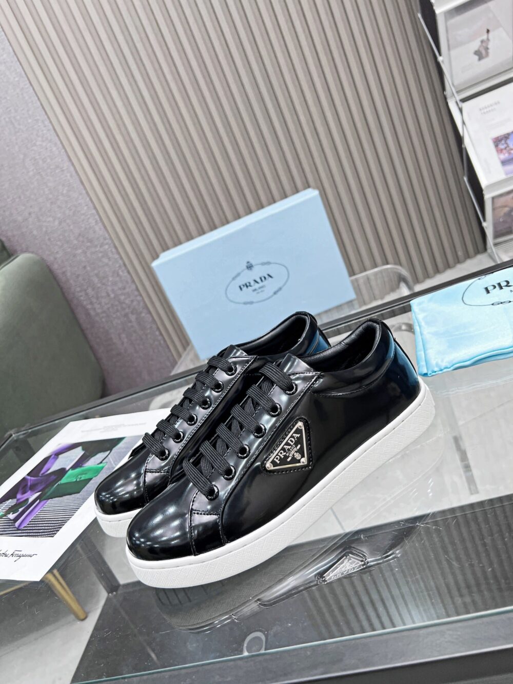 PRADA DOWNTOWN BRUSHED LEATHER SNEAKER IN BLACK 1E904M B4L F0967 F 030 - Image 2