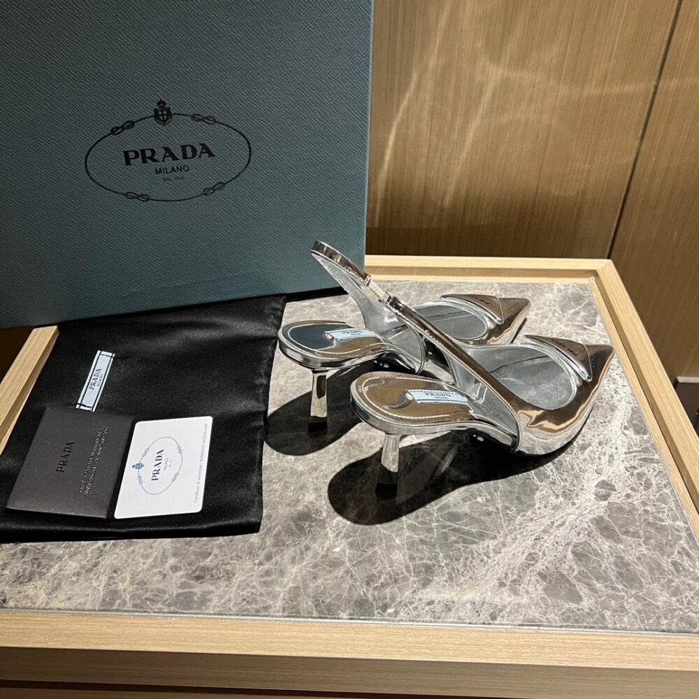 PRADA BRUSHED LEATHER SLINGBACK PUMPS SILVER - Image 5
