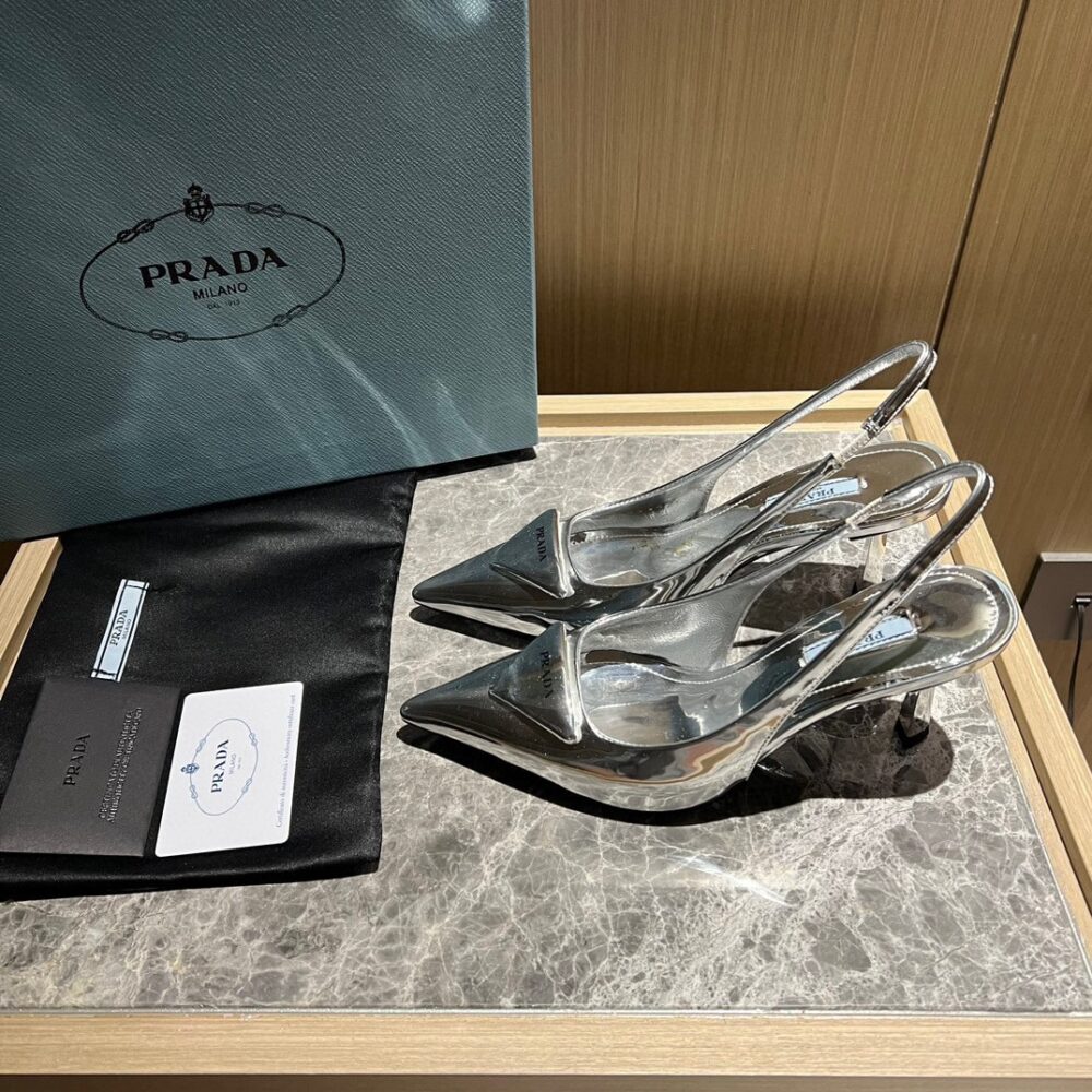 PRADA BRUSHED LEATHER SLINGBACK PUMPS SILVER - Image 4