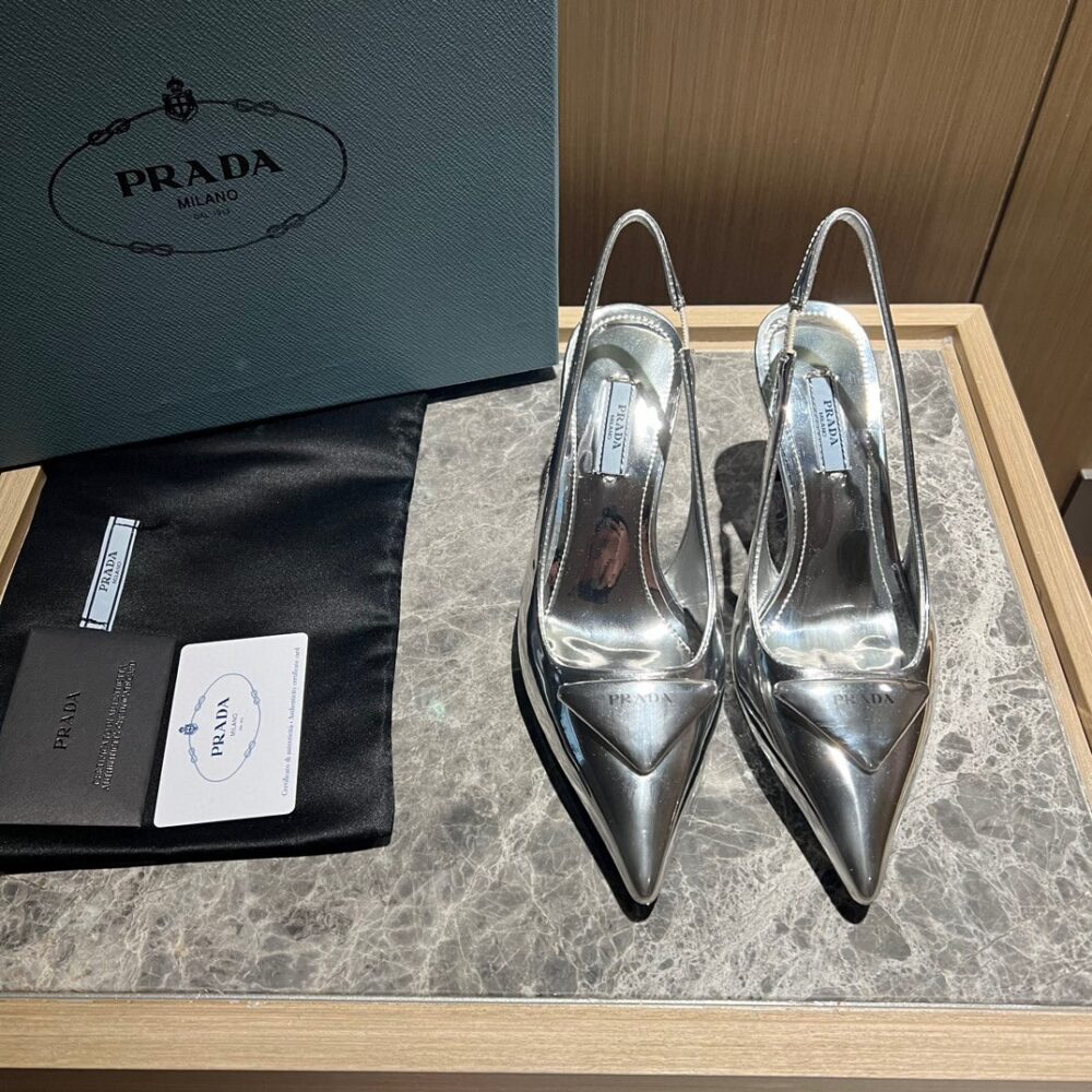PRADA BRUSHED LEATHER SLINGBACK PUMPS SILVER - Image 3