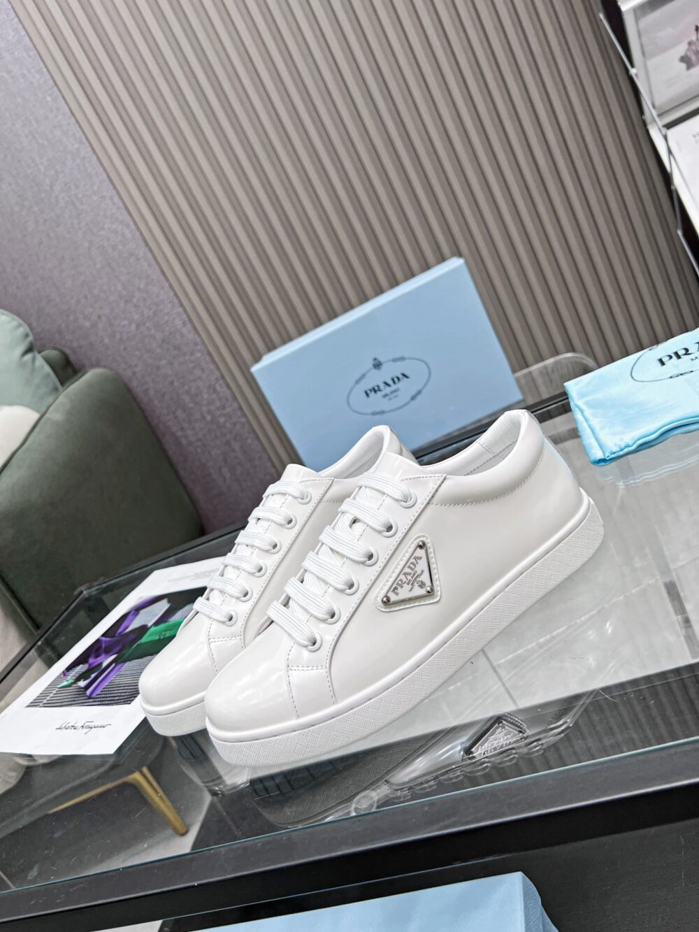 PRADA LOGO SNEAKER IN BRUSHED LEATHER WHITE - Image 6