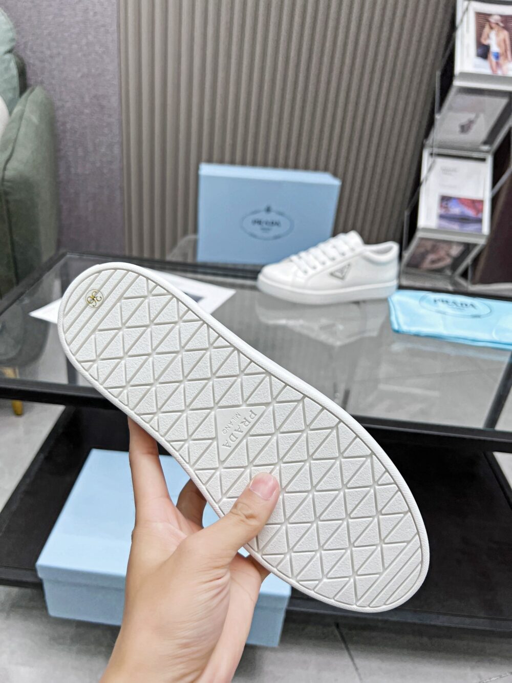 PRADA LOGO SNEAKER IN BRUSHED LEATHER WHITE - Image 4