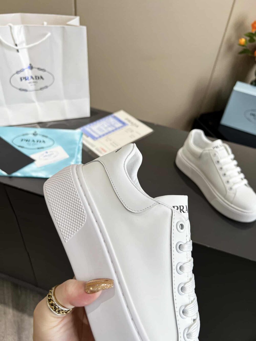 PRADA SNEAKER IN WHITE LEATHER WITH WHITE - Image 7