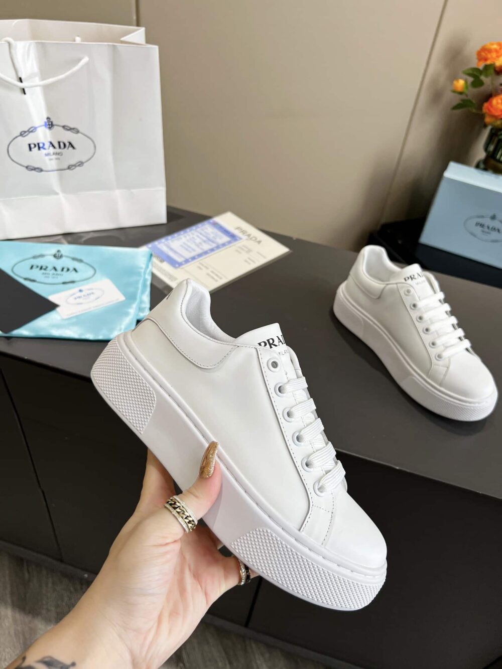 PRADA SNEAKER IN WHITE LEATHER WITH WHITE - Image 6