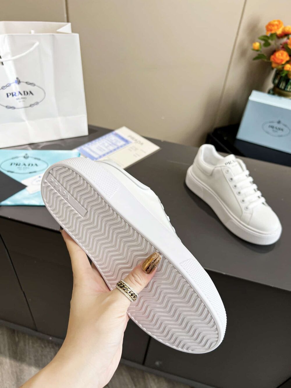 PRADA SNEAKER IN WHITE LEATHER WITH WHITE - Image 4
