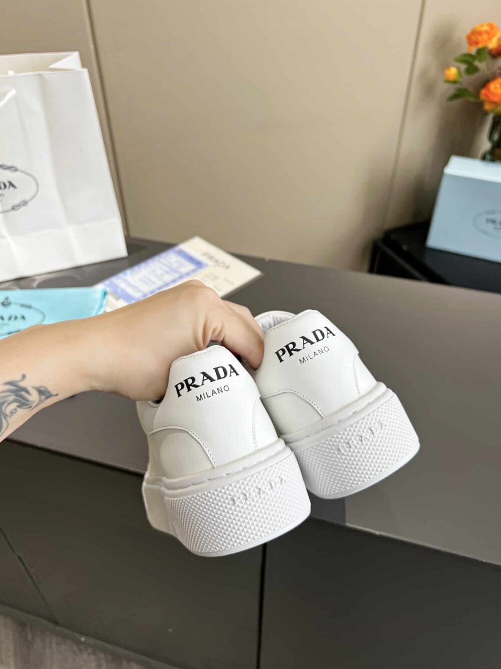 PRADA SNEAKER IN WHITE LEATHER WITH WHITE - Image 2