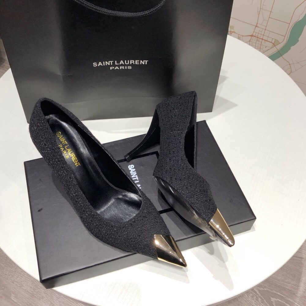 SAINT LAURENT VESPER LEATHER TRIMMED BOUCLÉ PUMPS BLACK - Image 2