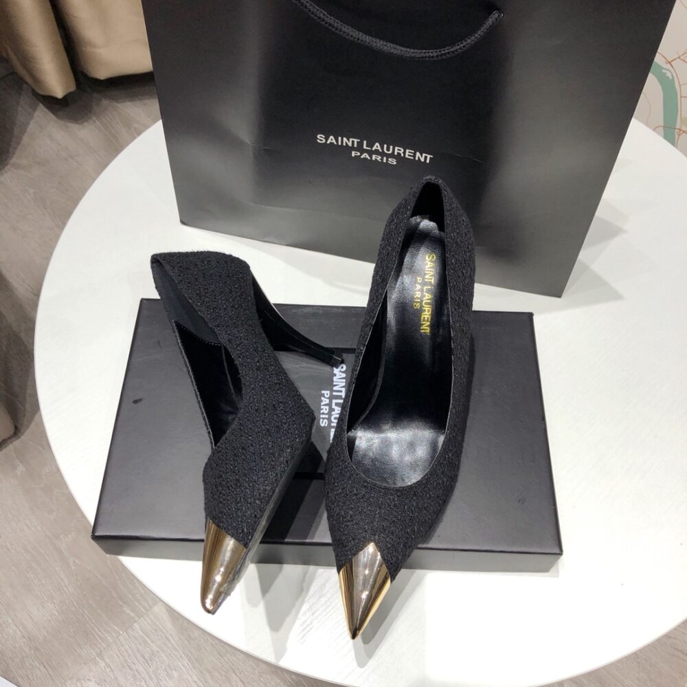 SAINT LAURENT VESPER LEATHER TRIMMED BOUCLÉ PUMPS BLACK - Image 3
