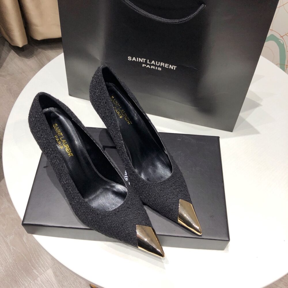 SAINT LAURENT VESPER LEATHER TRIMMED BOUCLÉ PUMPS BLACK - Image 4