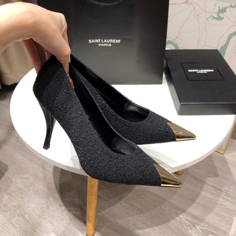 SAINT LAURENT VESPER LEATHER TRIMMED BOUCLÉ PUMPS BLACK - Image 5