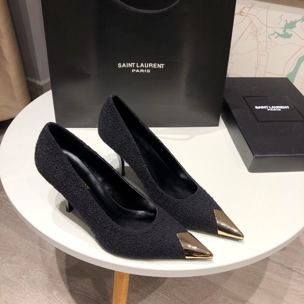 SAINT LAURENT VESPER LEATHER TRIMMED BOUCLÉ PUMPS BLACK - Image 6