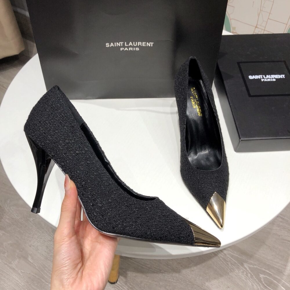 SAINT LAURENT VESPER LEATHER TRIMMED BOUCLÉ PUMPS BLACK - Image 7